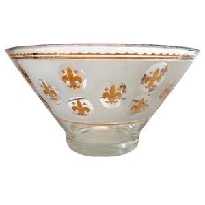 Vintage Libbey Gold Tone Fleur De Lis Atomic Mid Century Frosted Glass Bowl